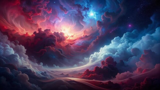 Elegant cosmic atmosphere with burgundy and navy mist curling in slow motion through shadowy space