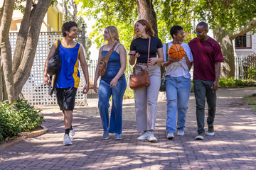 Diverse friends walking along tree-lined paved walkway carrying basketball, smartphone and bags © wavebreak3