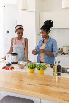African American mother and teen daughter in denim making food at wooden island with blender basil