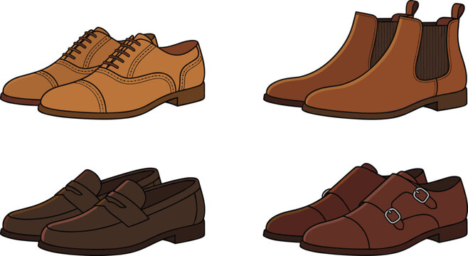 Men classic leather footwear collection featuring tan brogues chelsea boots brown penny loafers and double monk strap shoes vector illustration.
