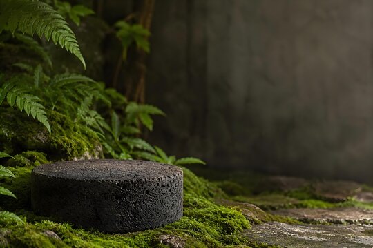 Natural Stone Product Stand with Moss and Tropical Plants Balinese Spa Aesthetic