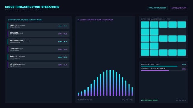 Cloud Infrastructure Operations Global Datacenter Bandwidth Egress Node Load Container Storage Dashboard Animation.