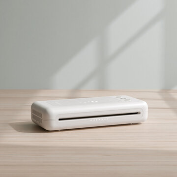 A modern white electric laminator sits on a clean wooden desk in a bright office space