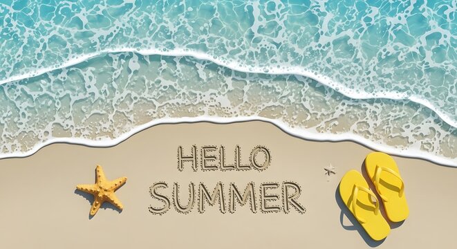 Beach holiday vibes and summer relaxation. Tropical seaside getaway. Yellow flip flops and a starfish on the sand with the message hello summer written in the sand near blue waves