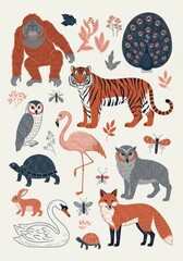 Obraz premium Hand-Drawn Vintage Style Wildlife Illustration Set with Tiger, Orangutan, Fox, and Exotic Birds for Nature Design