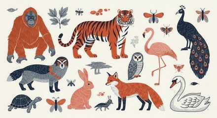 Fototapeta premium Whimsical Folk Art Style Wild Animal Illustrations Featuring Tiger, Orangutan, Flamingo, Fox and Peacock