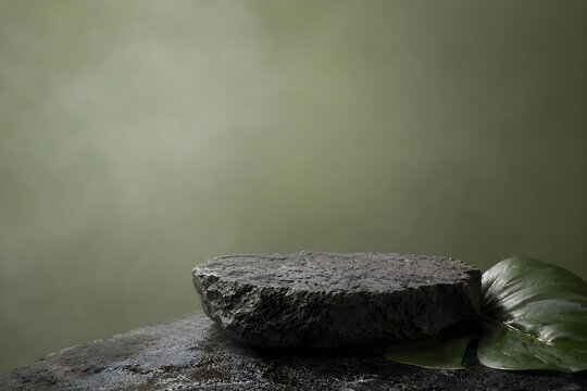 Volcanic Stone Product Display Platform with Tropical Leaf on Sage Green Misty Background
