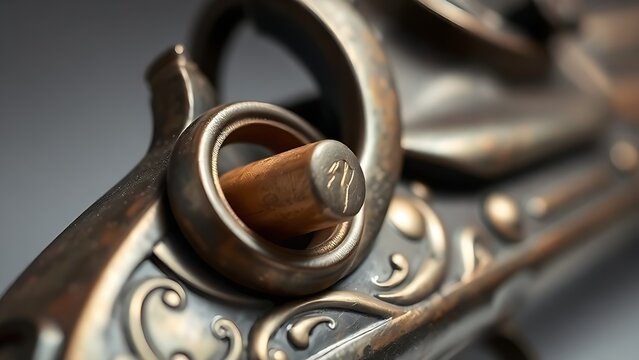 flintlock. Close-up detail of ornate flintlock pistol focusing on flint against frizzen. product launch decks, UI/UX mockups, designed for data visualization dashboards and holographic UIs.