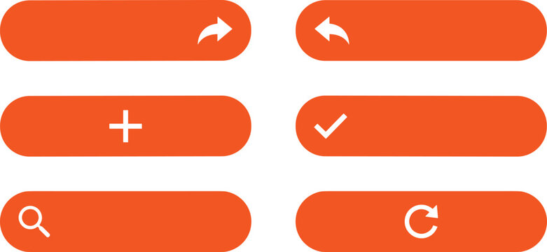 Orange rounded rectangle UI button set with white share back add check search and refresh icons vector illustration.