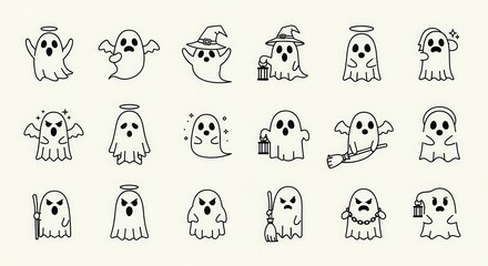 Naklejka premium Set of Cute Halloween Ghost Icons, Minimalist Line Art Spooky Characters with Witch Hats, Lanterns, and Halos for Design