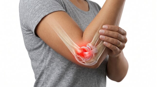 Woman holding elbow in pain. Illustration of elbow joint inflammation. Medical visualization of joint injury, arthritis or tendonitis.