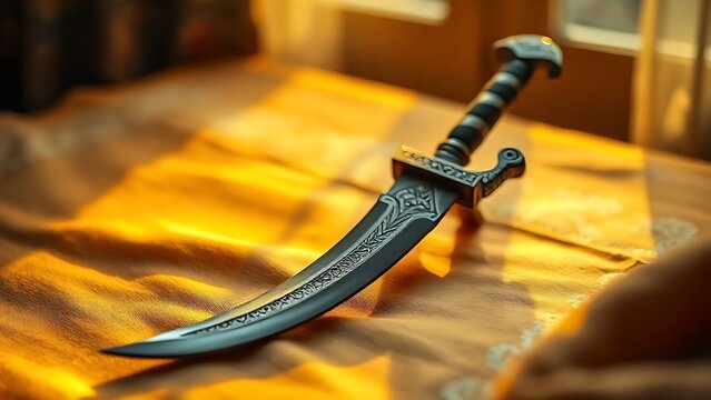 kirpan. Ornamental kirpan on embroidered silk, cultural tradition and respect concept. event programs, museum guides, designed for cultural heritage projects and event programs, preserves heritage.