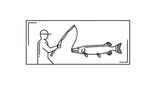 Fisherman Catching Large Fish with Fishing Rod, Outline Illustration