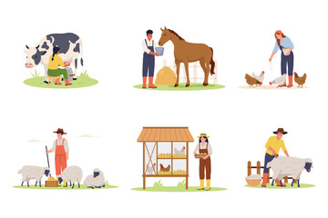 Fototapeta premium Agriculture Farming and Livestock Breeder Set. Vector illustration set of breeders milking cows, feeding horses, herding sheep, harvesting wool, and collecting fresh eggs at a farm