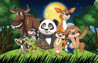 Fototapeta premium Group of Cartoon Forest Animals Under Full Moon at Night