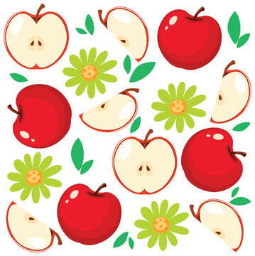 Seamless Vector Pattern of Red Apples and Green Flowers