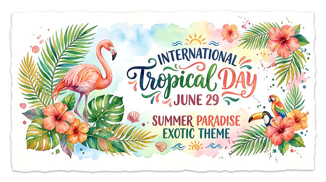 Flamingo and Tropical Leaves Banner for International Tropical Day