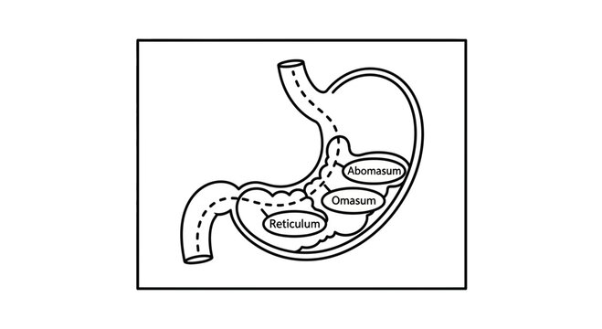 Diagram of a Ruminant Stomach with Four Compartments: Rumen, Reticulum, Omasum, Abomasum