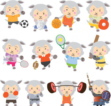 さまざまなスポーツに挑戦するかわいい羊キャラクターセット