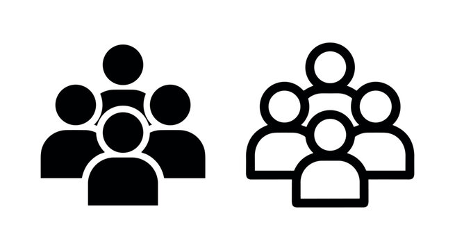 Group of people icon, crowd symbol, black and outline, isolated on white background