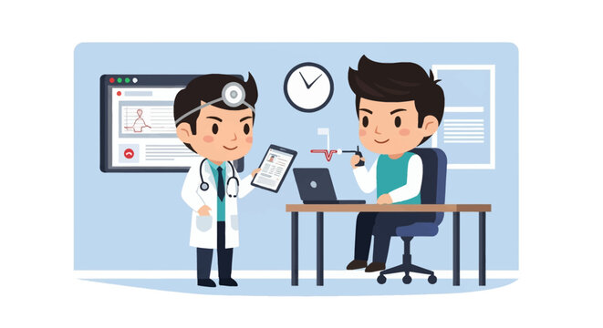 Cartoon chibi doctor in white lab coat showing digital records on tablet to seated male patient in modern clinic office; medical consultation with laptop, wall clock, and data monitor.