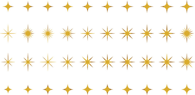 Gold sparkle star icon set featuring twinkling celestial flare bright light explosion luxury decoration and magical glowing shapes vectorsGold sparkle star icon set featuring twinkling celestial flare