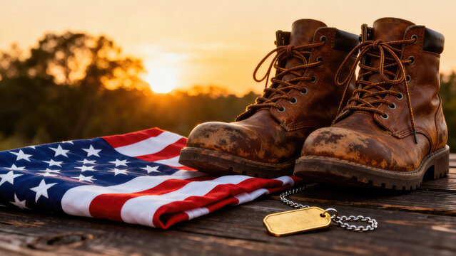 A hero's legacy rests on rustic wood. Worn combat boots, the folded U.S. flag, and dog tags symbolize the price of freedom and military honor.