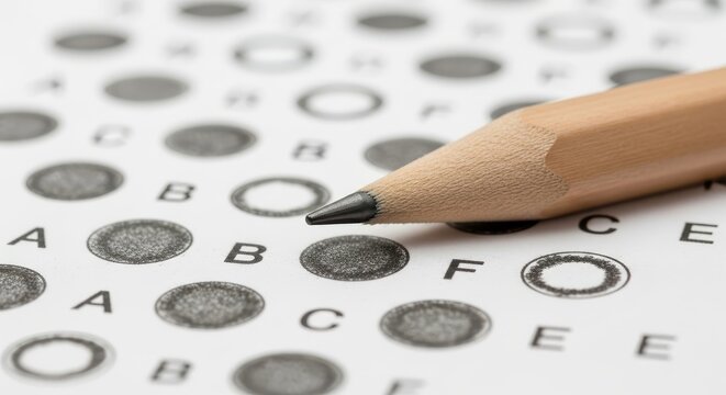 Close-up of a Pencil Tip on a Standardized Test Answer Sheet with Filled Bubbles for Academic Assessment