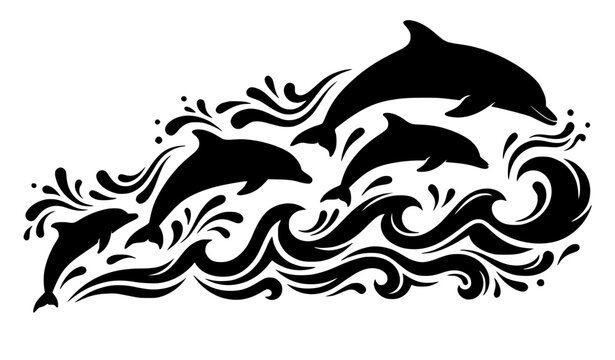 Dolphin pod jumping over ocean water black silhouette vector illustration with tribal style sea waves isolated on white background for marine life decor concept
