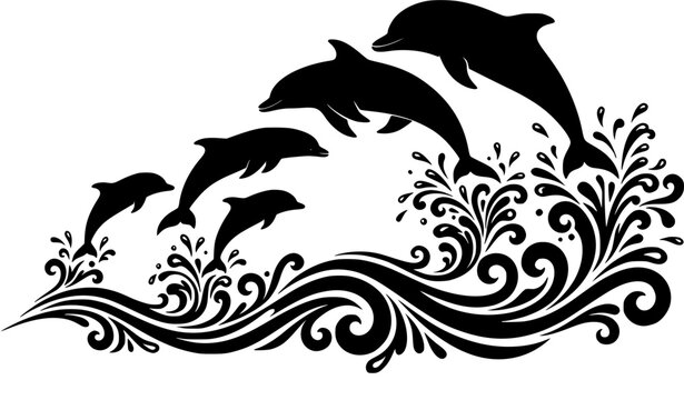 Dolphin pod jumping out of water black silhouette vector illustration with tribal style sea waves isolated on white background for marine life decor design concept