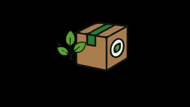 A brown cardboard box with green tape and leaves on the side