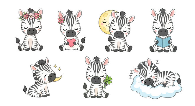 Cute Baby Zebra Set with Flowers and Moon, Adorable Cartoon Animals