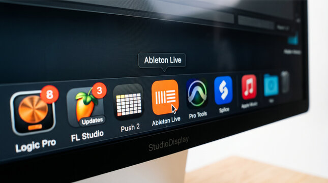 Ableton Live icon selected by a cursor on a macOS dock, showing professional music production software like Logic Pro, FL Studio, and Pro Tools on a high-quality studio display monitor interface.