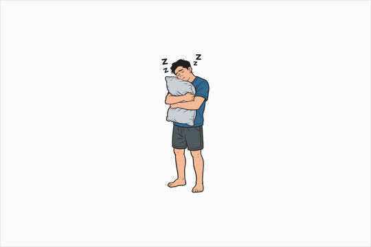 Sleepwalking man hugging pillow while standing, sleepy male character illustration showing night sleep behavior, insomnia, dream state, fatigue and bedtime concept. Vector illustration.