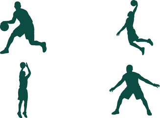 Green basketball player silhouette set featuring athletic men dribbling, jumping to slam dunk, shooting, and playing defense, vector illustration. © REYAD