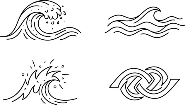 Black line ocean wave icon set featuring curling surf sea splash tidal crest and geometric water loop symbols vector illustration