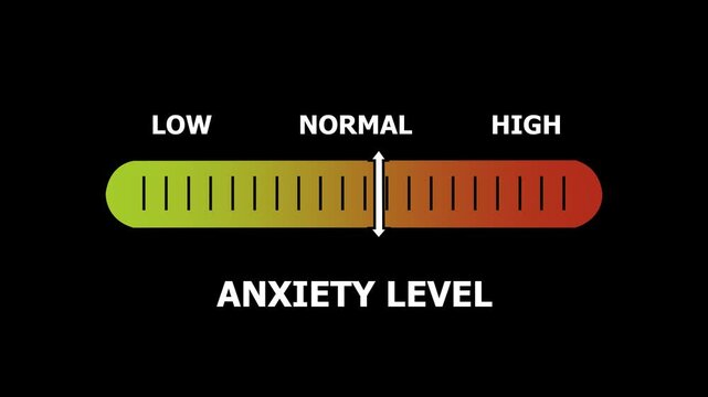anxiety level indicator scale. Low normal & high meter infographic animation. Showing high anxiety level color gauge indicator. on a black background 4k animation video