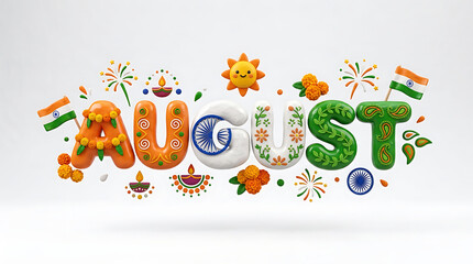 Fototapeta premium Festive colorful depiction of the word 'AUGUST' adorned with fireworks, Indian flags, flowers, and cheerful symbols celebrating