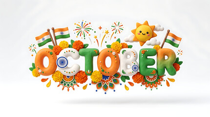 Fototapeta premium Festive October Celebration with cheerful sun, flowers, Indian flags, and vibrant decorations emphasizing national pride and