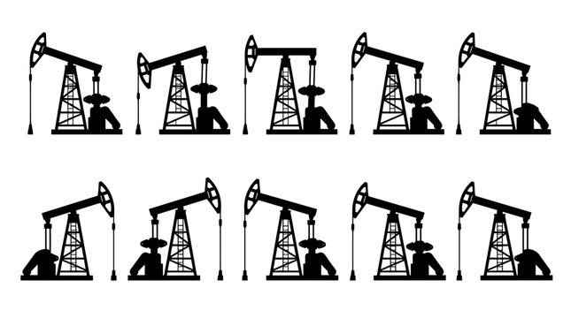 Industrial silhouette set of oil pump jacks and petroleum drilling rigs representing fuel production and global energy extraction machinery