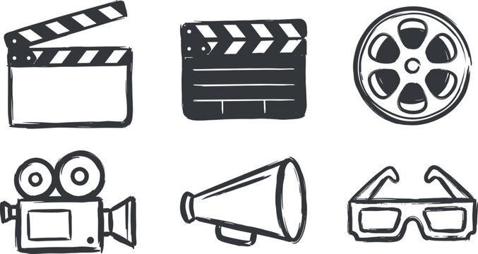 Hand drawn cinema icon set featuring movie clapperboard film reel camera megaphone and 3d glasses sketches vector illustration