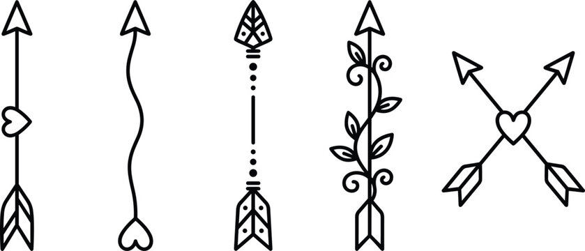 Decorative line arrow set featuring boho tribal geometric pattern heart shapes floral leaf vines and crossed cupid arrows vector illustration