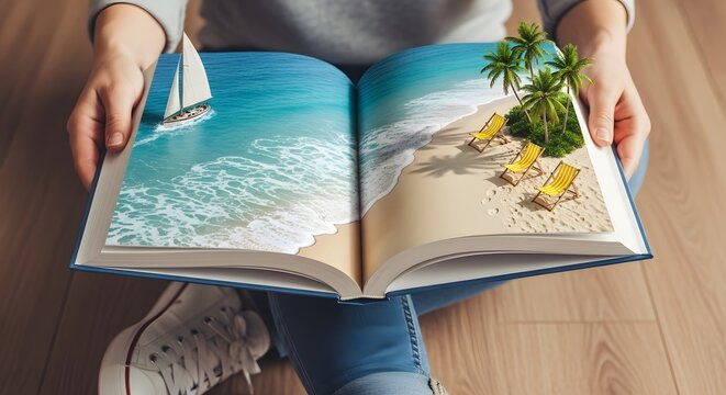 Open book with a tropical island scene coming out of pages. Travel inspiration and summer imagination. Person reading a storybook featuring a beach with palm trees and a sailboat