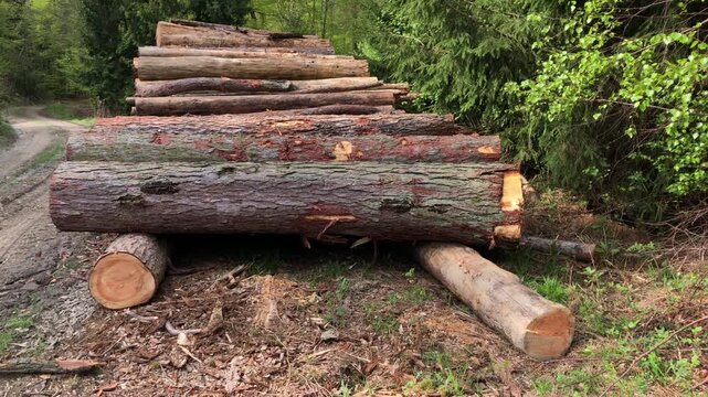 Felled trees in a forest, deforestation logging industry in the woodlands, stack of cut logs, wooden material 