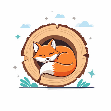 Cute cartoon fox sleeping in a hollow log
