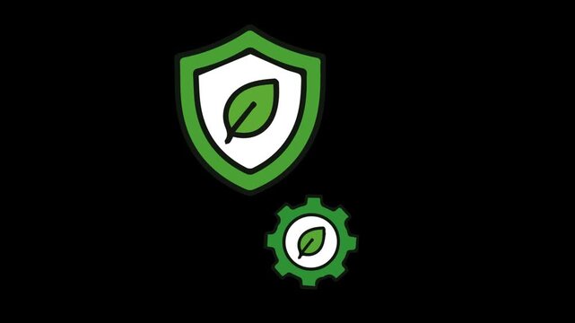 Green leaf icons on shield and gear symbols. Save nature