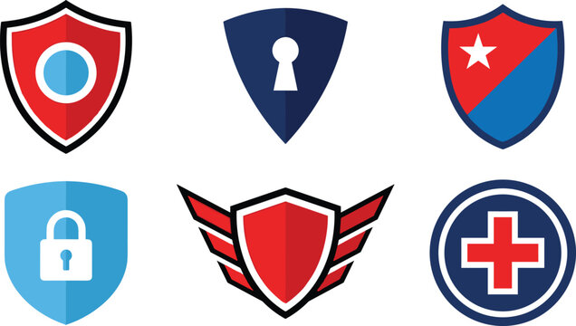 Security shield icons set featuring padlock keyhole star medical cross and winged crest symbols for data protection, vector illustration.