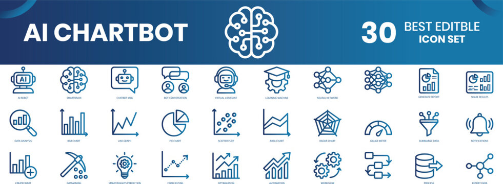 Ai chatbot icon set 30 editable icons for data analysis and visualization.AI Agent Icon Set. Vectors for Artificial Intelligence, machine learning, neural networks, automation, chatbots, 