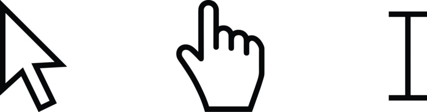 Classic black line computer mouse cursor icons set featuring standard arrow pointer hand click and text I beam selection symbols, vector illustration.