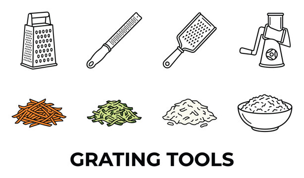 Grating tools and shredded ingredients line art icons grater zester shredder carrot zucchini cheese.